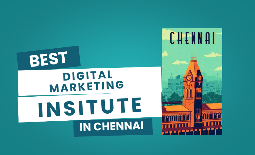 Best digital marketing institute in Chennai with illustration of Chennai Central building on a teal background